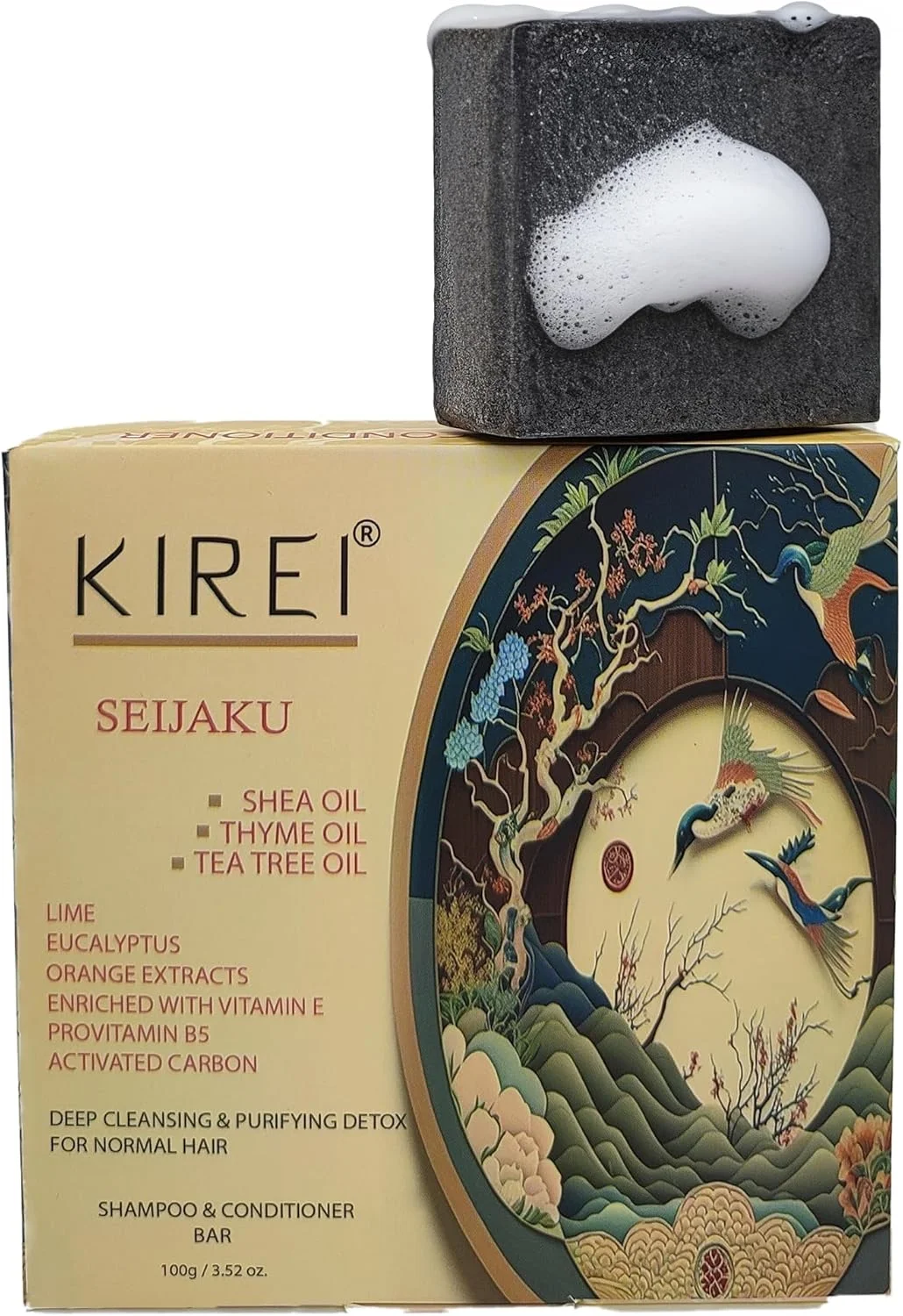 شامپو بار کیری با زغال فعال، شامپو بار 2 در 1، سم زدا و پاک کننده، مغذی، آبرسان برای انواع مو، کاملا طبیعی-وگان-بدون تست حیوانی، درخت چای/آویشن/شی باتر SEIJAKU 100 گرم