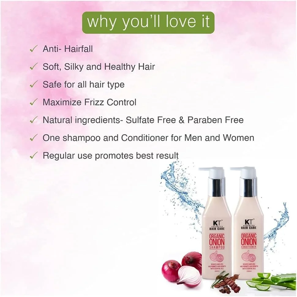 شامپو پیاز ارگانیک پیشرفته مراقبت از مو کی تی پروفشنال 250 میلی لیتر و نرم کننده 250 میلی لیتر (بسته 2 عددی) برای رشد مو و ضد ریزش مو - فاقد پارابن و سولفات