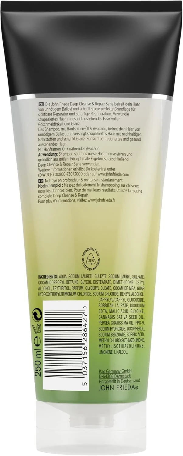 شامپو پاک کننده عمیق و ترمیم کننده جان فریدا – حجم: 250 میلی لیتر – مراقبت و احیای فوری – حاوی آووکادو مغذی