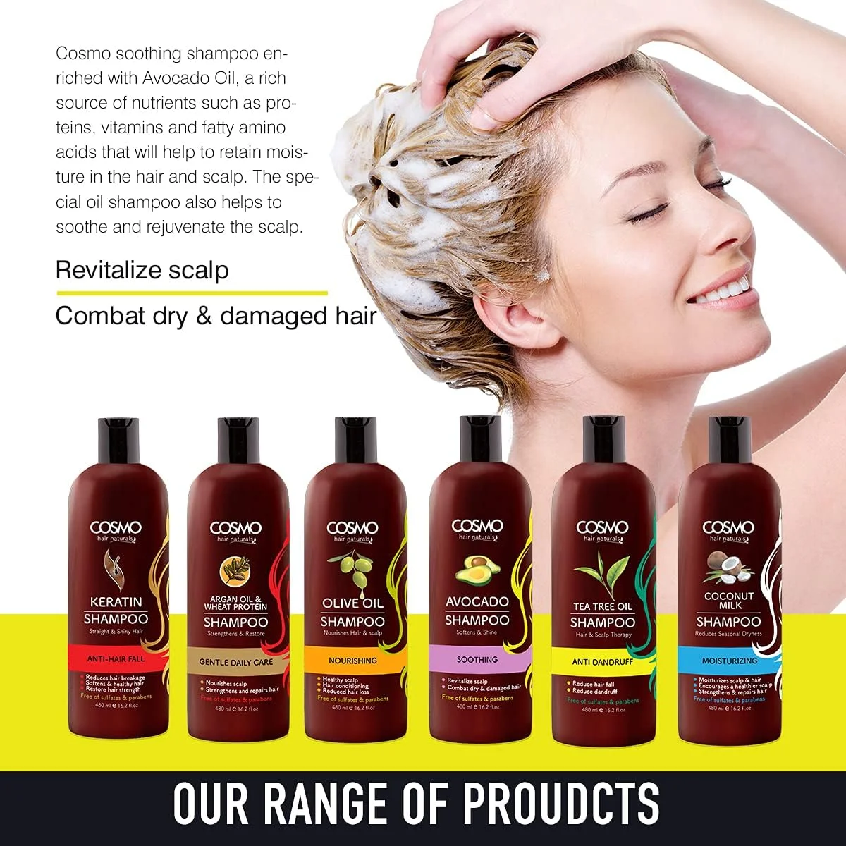 شامپو مو حاوی آووکادو مناسب انواع مو سی دی COSMO DESIGNS حجم 480 میلی لیتر، نرم کننده و درخشان کننده، احیا کننده پوست سر، مقابله با خشکی و آسیب دیدگی مو