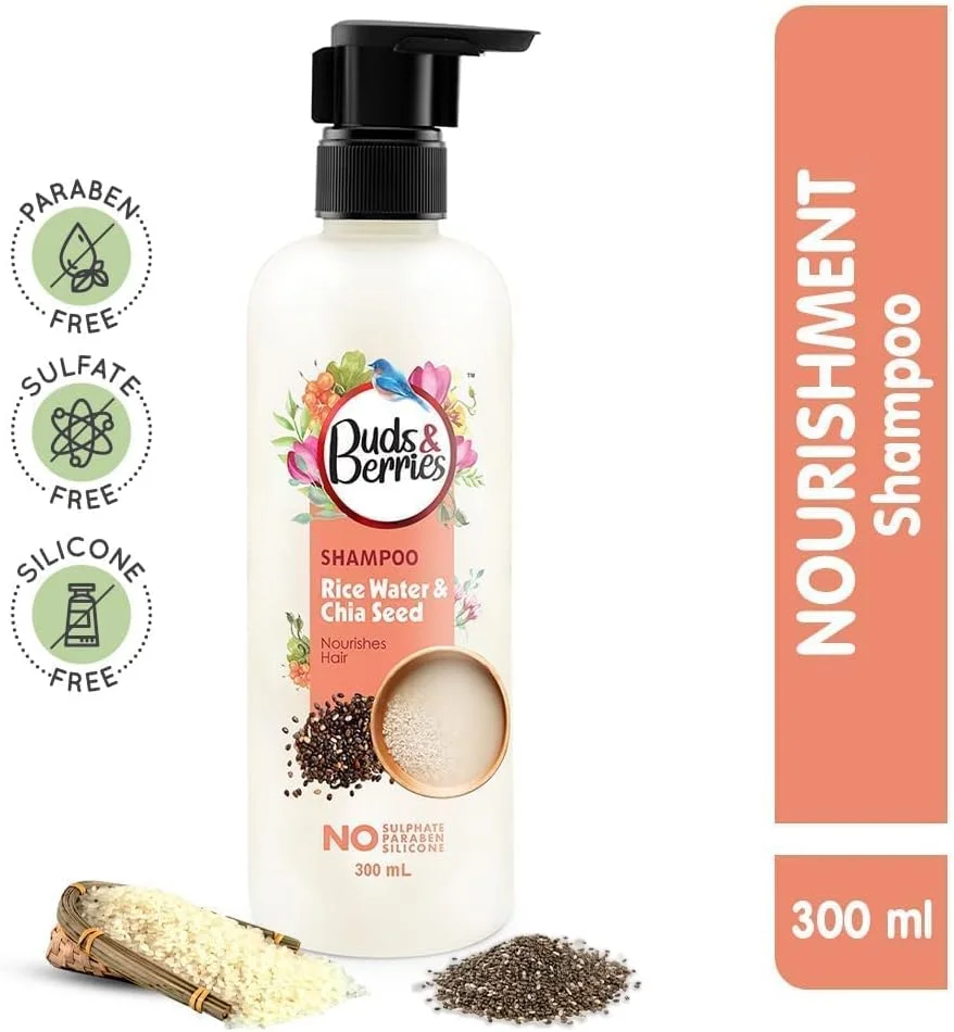 شامپو مغذی برنج و دانه چیا Buds & Berries برای موهای قوی و سالم، بدون سولفات، بدون پارابن، 300 میلی لیتر شامپو مغذی برنج و دانه چیا Buds & Berries برای موهای قوی و سالم، بدون سولفات، بدون پارابن، 300 میلی لیتر