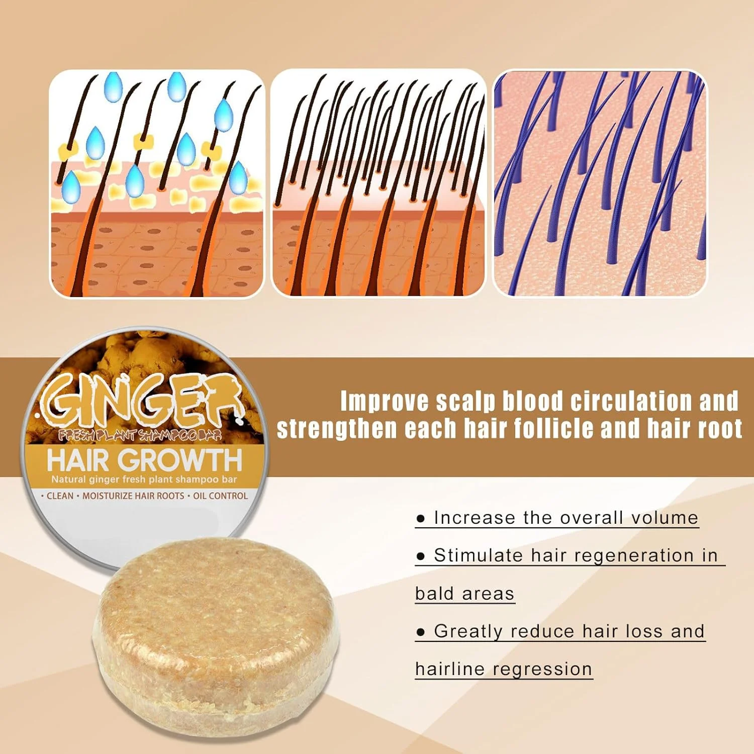 صابون شامپو زنجبیل، شامپو بار زنجبیل برای رشد مجدد مو، صابون شامپو زنجبیل ضد ریزش مو، طراوت بخش، ضد شوره، صاف کننده و مغذی مو، محافظت از پوست سر، مناسب برای آقایان و بانوان (1 عدد)