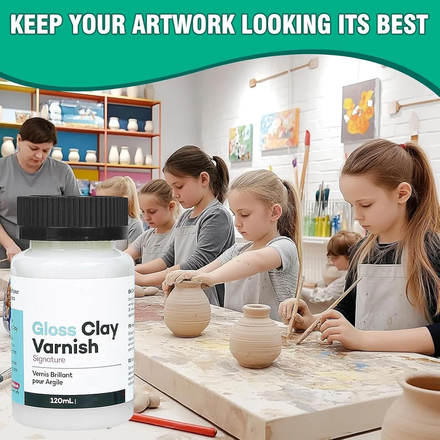 ورنی سفالی، لعاب خشک شونده در هوا، ورنی اکریلیک براق برای خاک رس خشک شونده در هوا، ورنی براق کننده خاک رس خشک شونده در هوا، لعاب براق کننده و پرداخت نهایی خشک شونده در هوا، ورنی براق کننده خاک رس، مهر و موم بادوام برای خاک رس خشک شونده در هوا