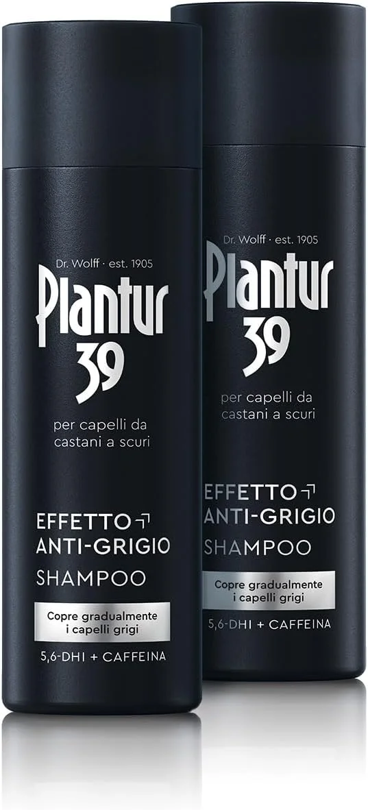 شامپو ضد سفیدی مو پلانتور 39، 2 عدد 200 میلی لیتر، پوشاننده تدریجی موهای خاکستری، برای موهای قهوه ای تا تیره، نتیجه ماندگار بدون رنگ کردن، با کمپلکس کافئین برای جلوگیری از ریزش مو