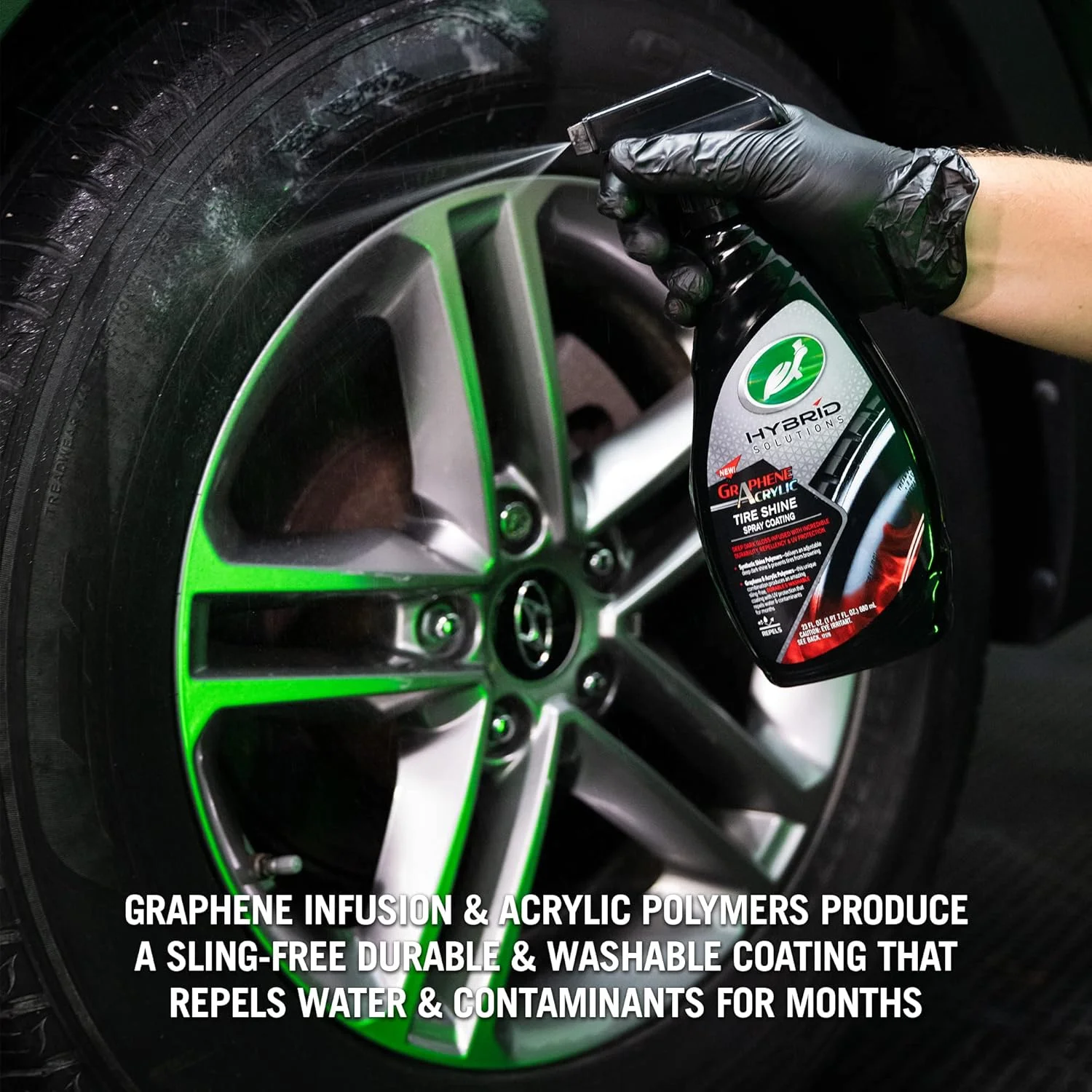 اسپری پوشش براق کننده تایر آکریلیک گرافن Turtle Wax مدل 53733 از سری Hybrid Solutions، حجم 680 میلی لیتر، مشکی