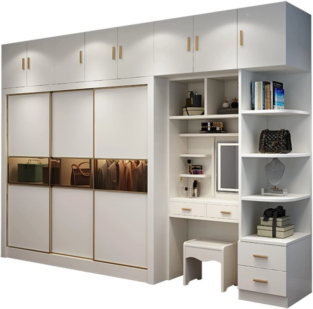 کمد لباس AQHCGS درب کشویی کمد لباس سفید اتاق خواب به سبک نوردیک میز آرایش و کمد متصل