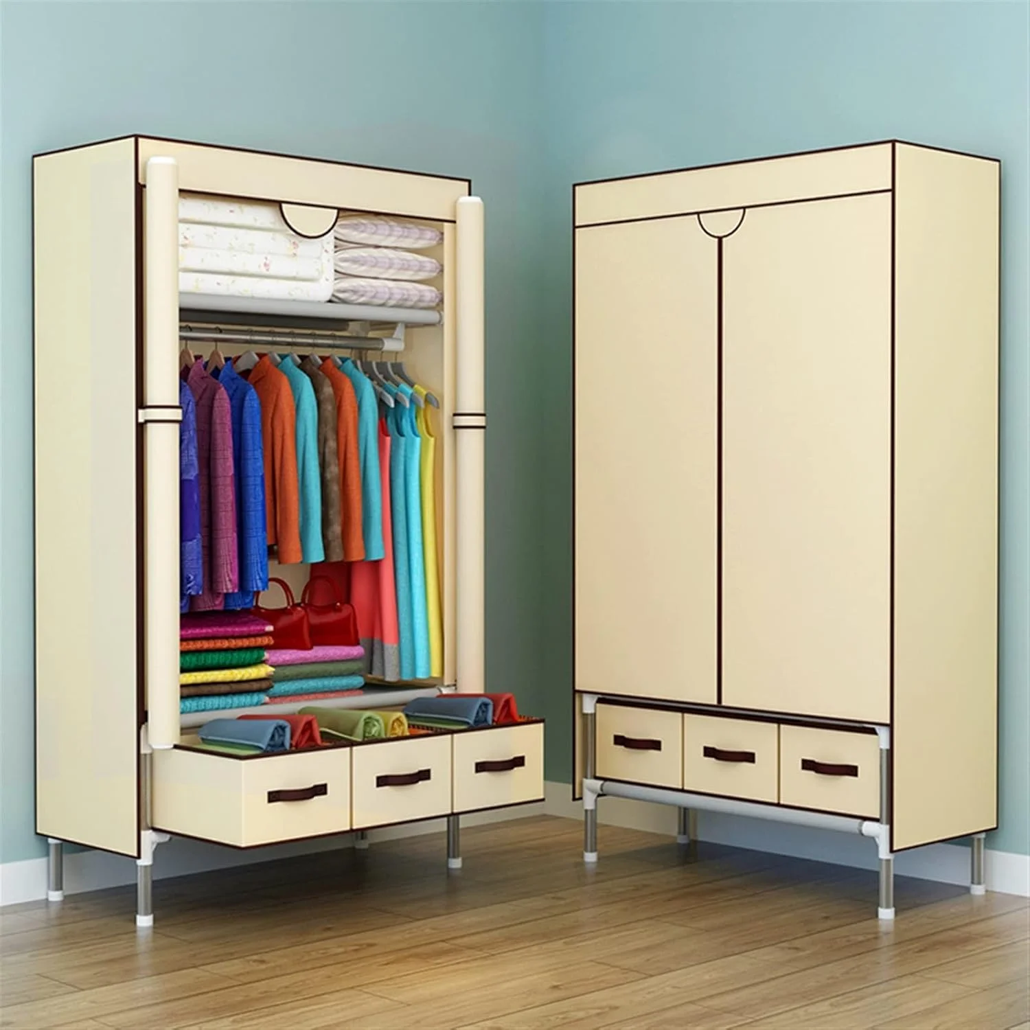 کمد لباس پارچه ای قهوه ای AQHCGS، کمد لباس تاشو قابل حمل ضد گرد و غبار ضد آب، کابینت نگهداری مبلمان منزل اتاق خواب