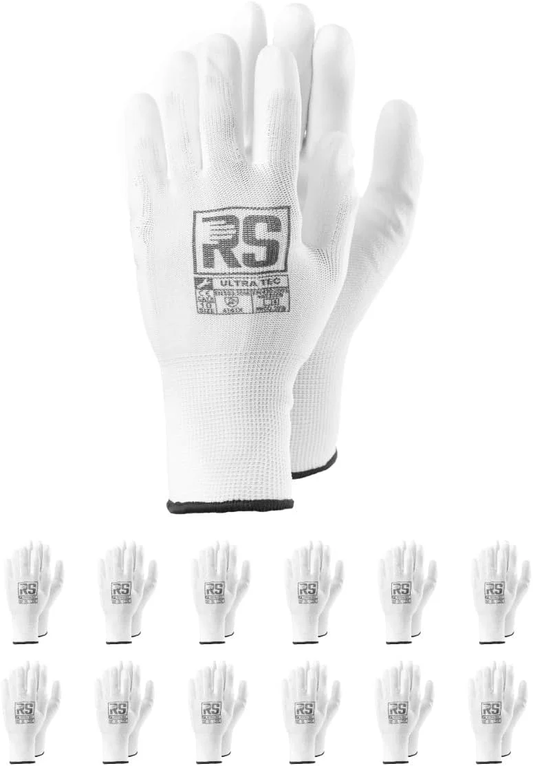 دستکش های مونتاژ RS ULTRA TEC، دستکش کار ساخته شده از نایلون و پلی یورتان، سایز 09، 12 جفت، سفید، دستکش های مونتاژ، دستکش نایلونی نرم با پوشش پلی یورتان