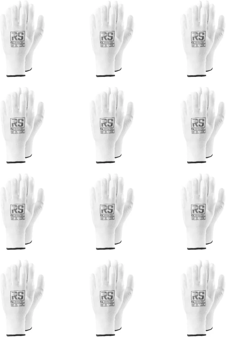 دستکش های مونتاژ RS ULTRA TEC، دستکش کار ساخته شده از نایلون و پلی یورتان، سایز 09، 12 جفت، سفید، دستکش های مونتاژ، دستکش نایلونی نرم با پوشش پلی یورتان