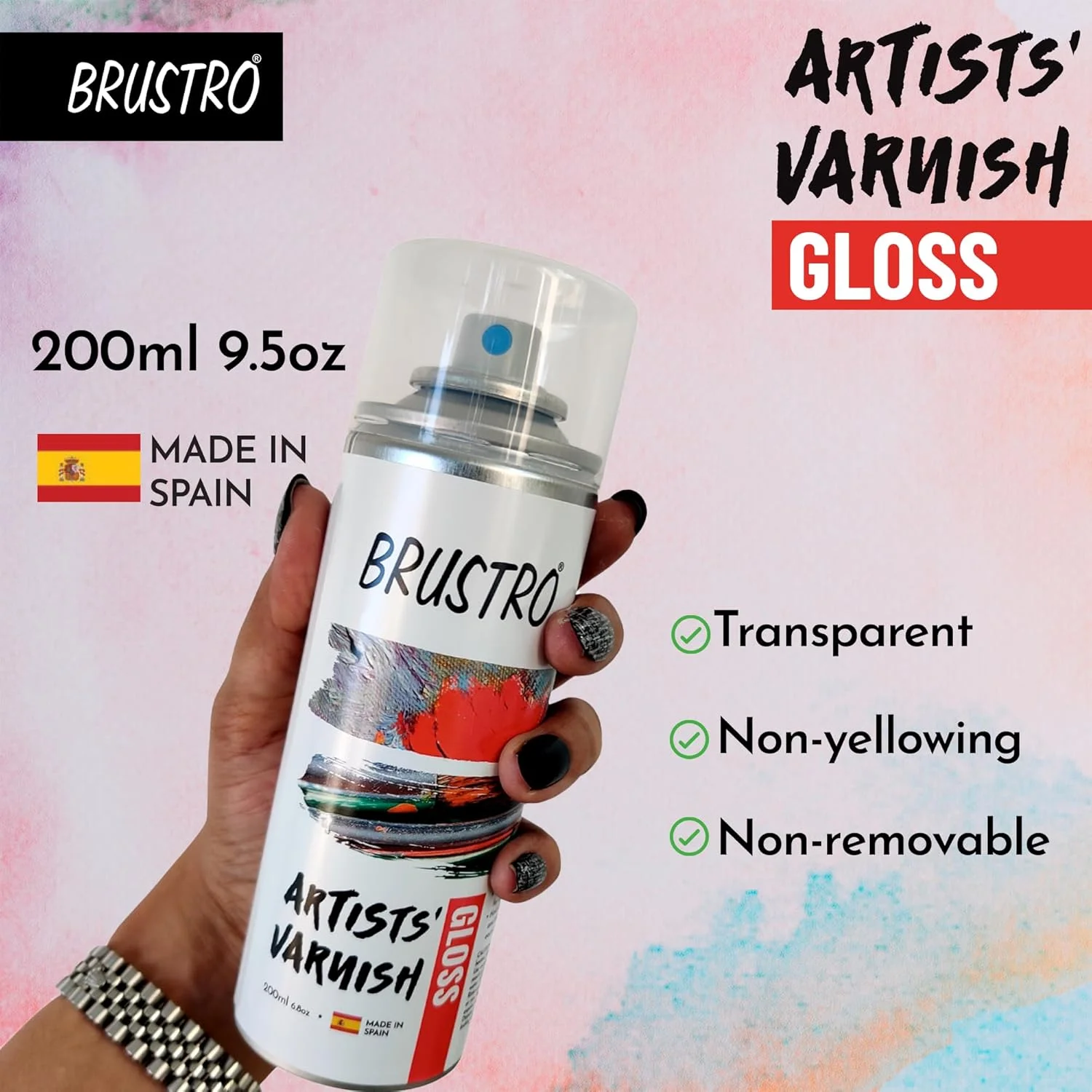 اسپری ورنی هنرمند Brustro | روکش براق | 200 میلی لیتر | پوشش عالی برای نقاشی اکریلیک، آبرنگ، رنگ روغن، غیر زرد شونده، غیر سمی، شفاف، بوم، کاغذ، محافظت از آثار هنری.