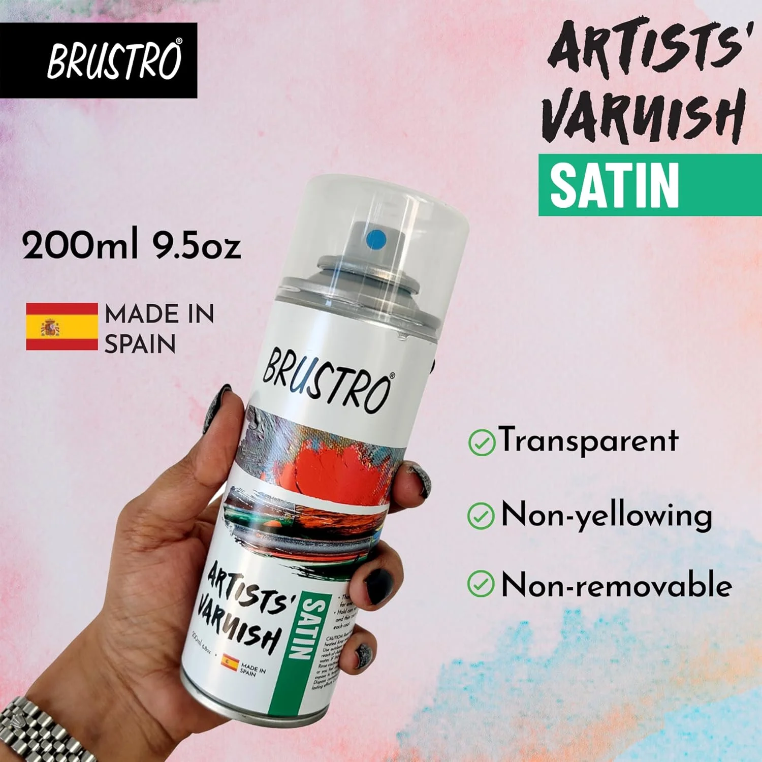 اسپری ورنی هنرمند Brustro | 200 میلی لیتر | پوشش ساتن | پوشش عالی برای نقاشی های اکریلیک، آبرنگ، رنگ روغن، غیر سمی، شفاف، مناسب بوم، کاغذ و محافظت از آثار هنری.