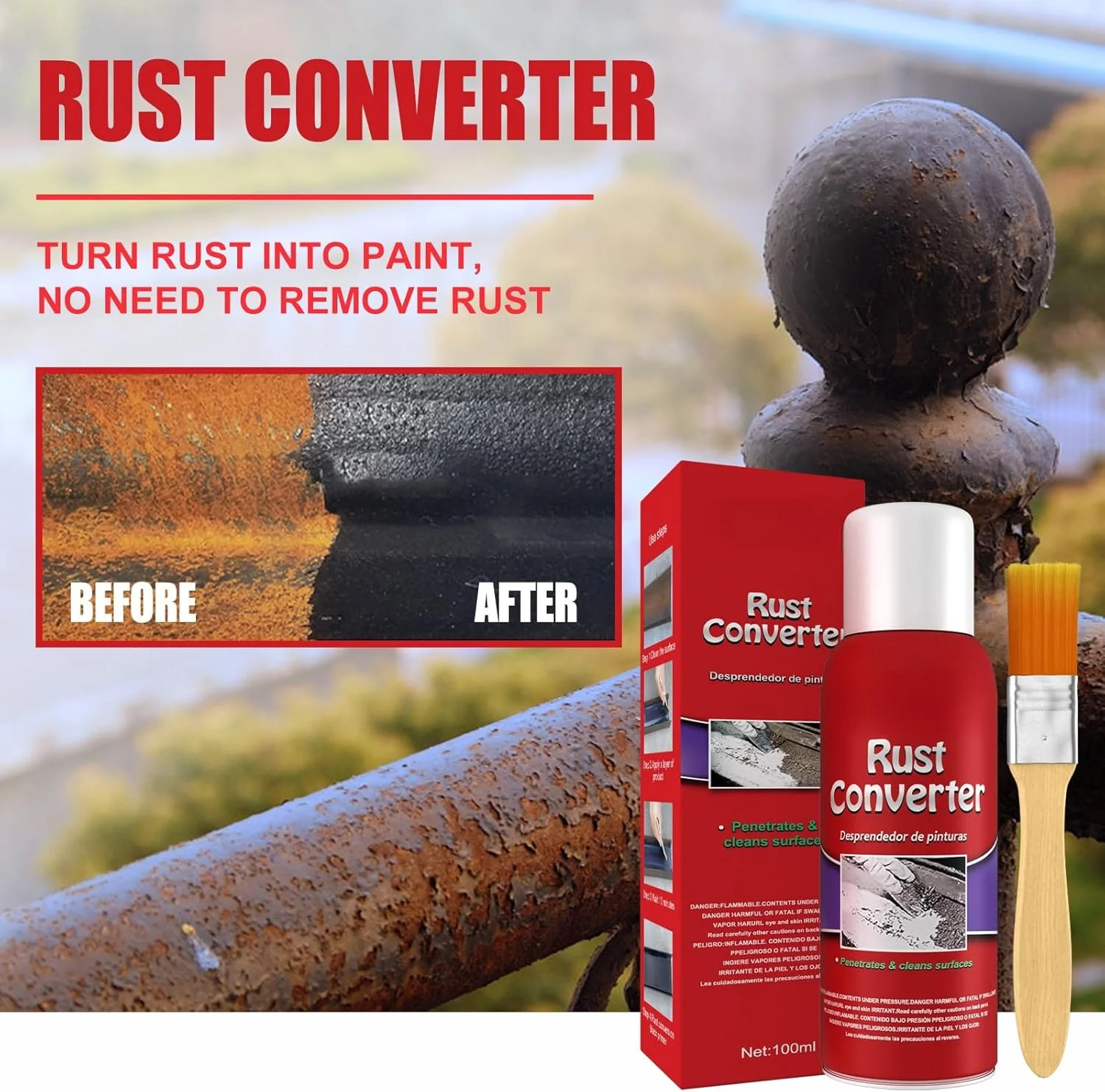 ماده تبدیل کننده و از بین برنده زنگ زدگی JDLYEVER، پوشش و پرایمر ضد زنگ شاسی خودرو، محافظت از قطعات فلزی در برابر زنگ زدگی و اکسیداسیون، درمان پیشگیرانه زنگ زدگی، پایه بدون خوردگی 100 میلی لیتر به همراه برس