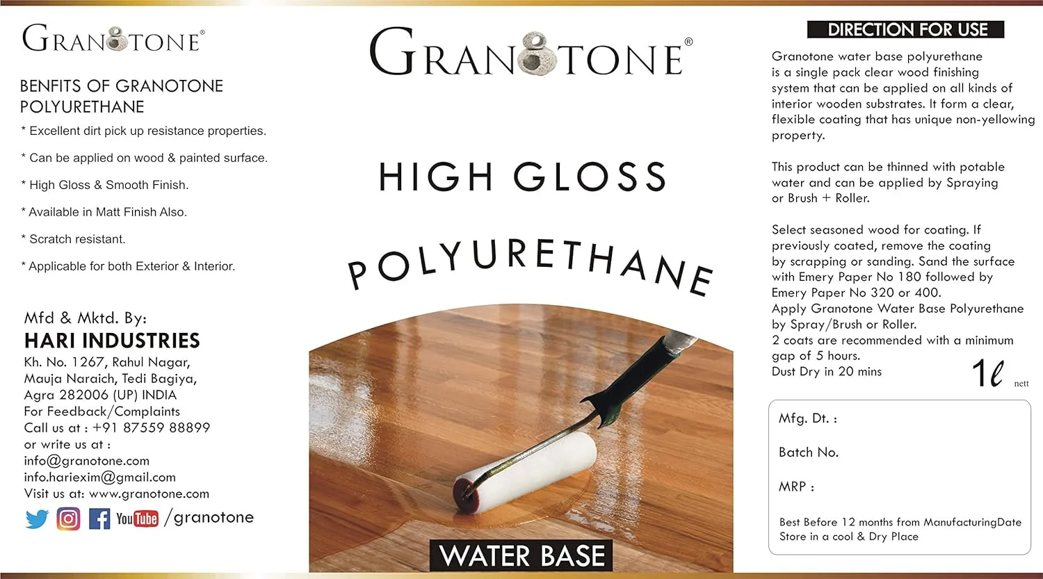 ورنی چوب بر پایه آب GRANOTONE برای پرداخت و بازسازی، ورنی چوب پلی یورتان شفاف کریستالی برای استفاده داخلی و خارجی و هنر رزین، مناسب برای سطوح رنگ شده و پرداخت نشده، براق، 1 لیتر