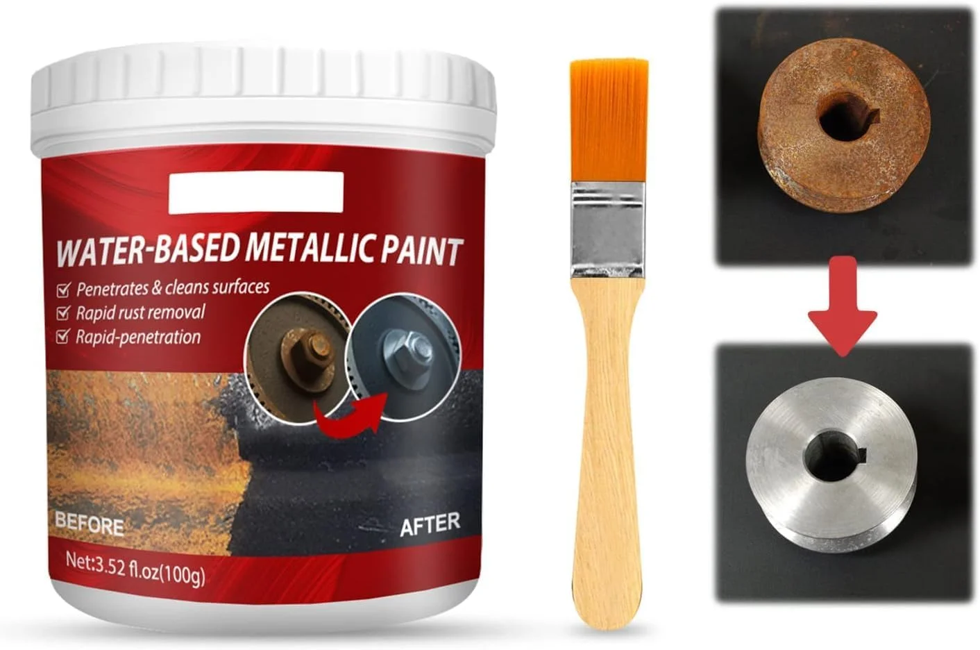 مبدل زنگ زدگی، پاک کننده زنگ زدگی برای فلز، پاک کننده زنگ زدگی با برس برای استفاده آسان، پاک کننده زنگ زدگی خودرو، عامل تبدیل پرایمر پوشش بازسازی ضد خوردگی رادیاتور (100 گرمی)