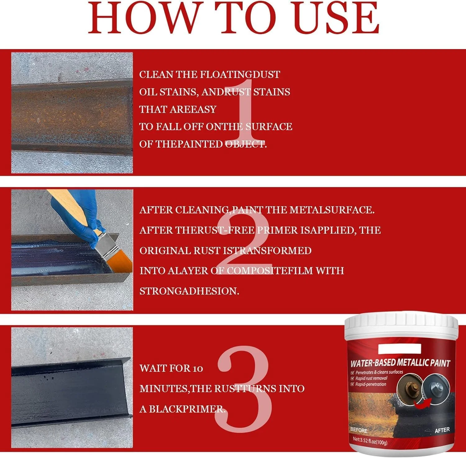 مبدل زنگ زدگی، پاک کننده زنگ زدگی برای فلز، پاک کننده زنگ زدگی با برس برای استفاده آسان، پاک کننده زنگ زدگی خودرو، عامل تبدیل پرایمر پوشش بازسازی ضد خوردگی رادیاتور (100 گرمی)