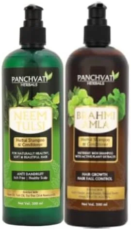شامپو گیاهی برهمی آملا Panchvati حجم 450 میلی لیتر، برای رشد مو و شامپو Neem Tulsi حجم 450 میلی لیتر، کنترل شوره سر، بسته ترکیبی، 900 میلی لیتر
