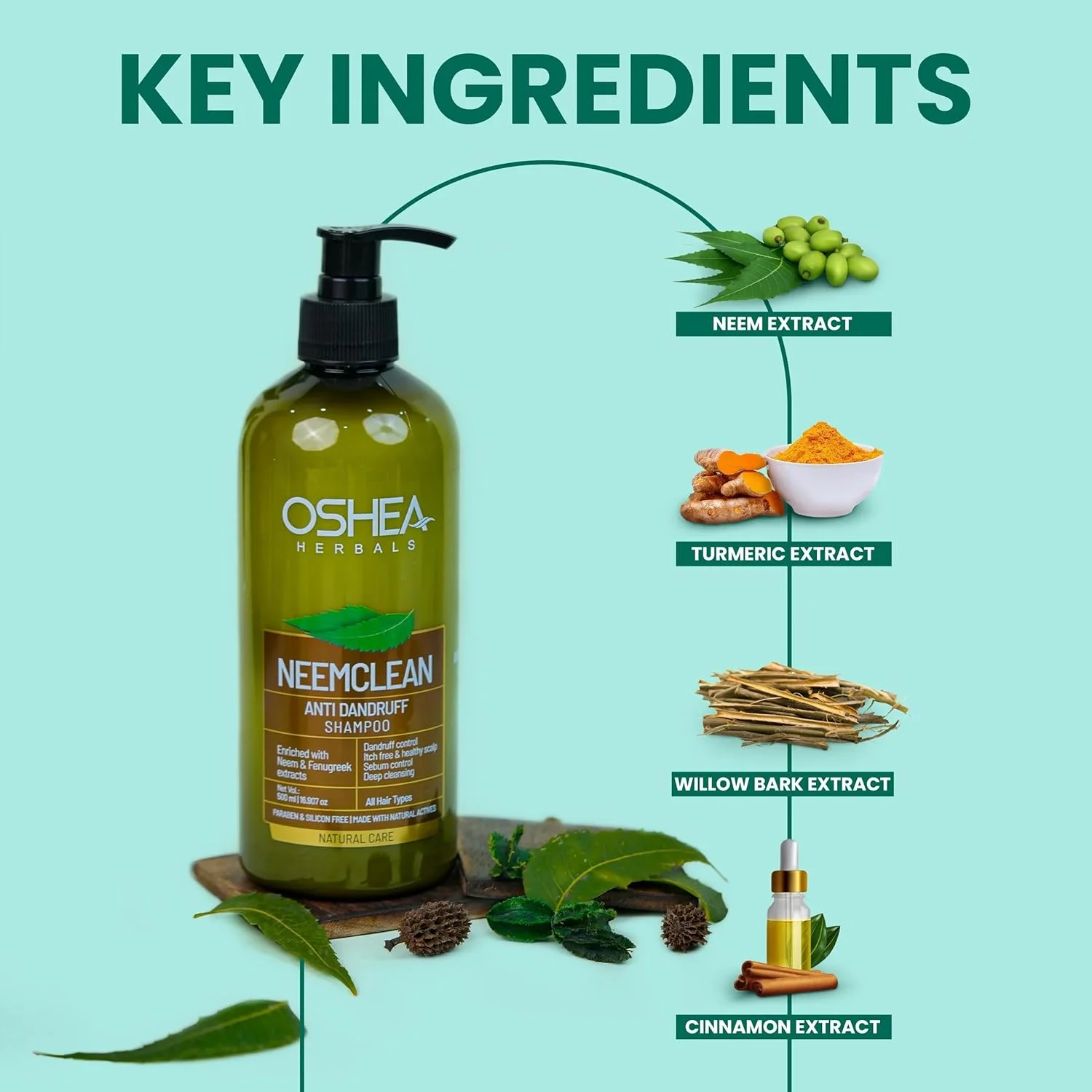 شامپو ضد شوره NeemClean گیاهی اوشه - بدون خارش و پوست سر سالم - پاکسازی عمیق و کنترل سبوم - برای انواع مو - غنی شده با عصاره های چریش و شنبلیله - 500 میلی لیتر