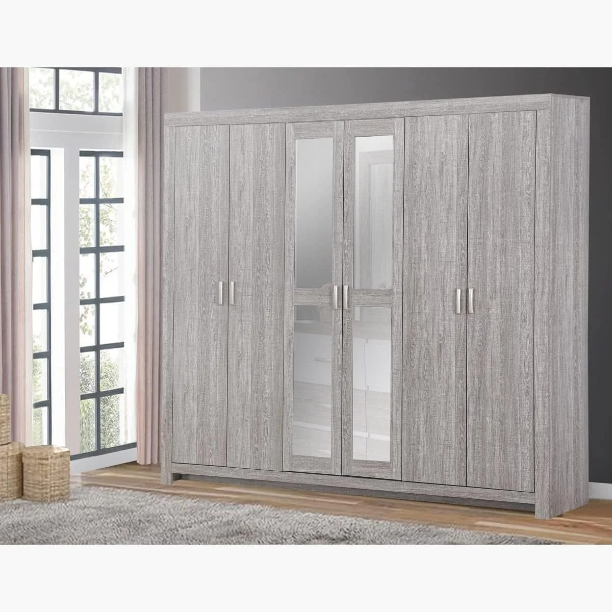 کمد لباس 6 درب آینه دار Home Box مدل Odell ابعاد 53.6 x 208 x 240 سانتی متر - خاکستری