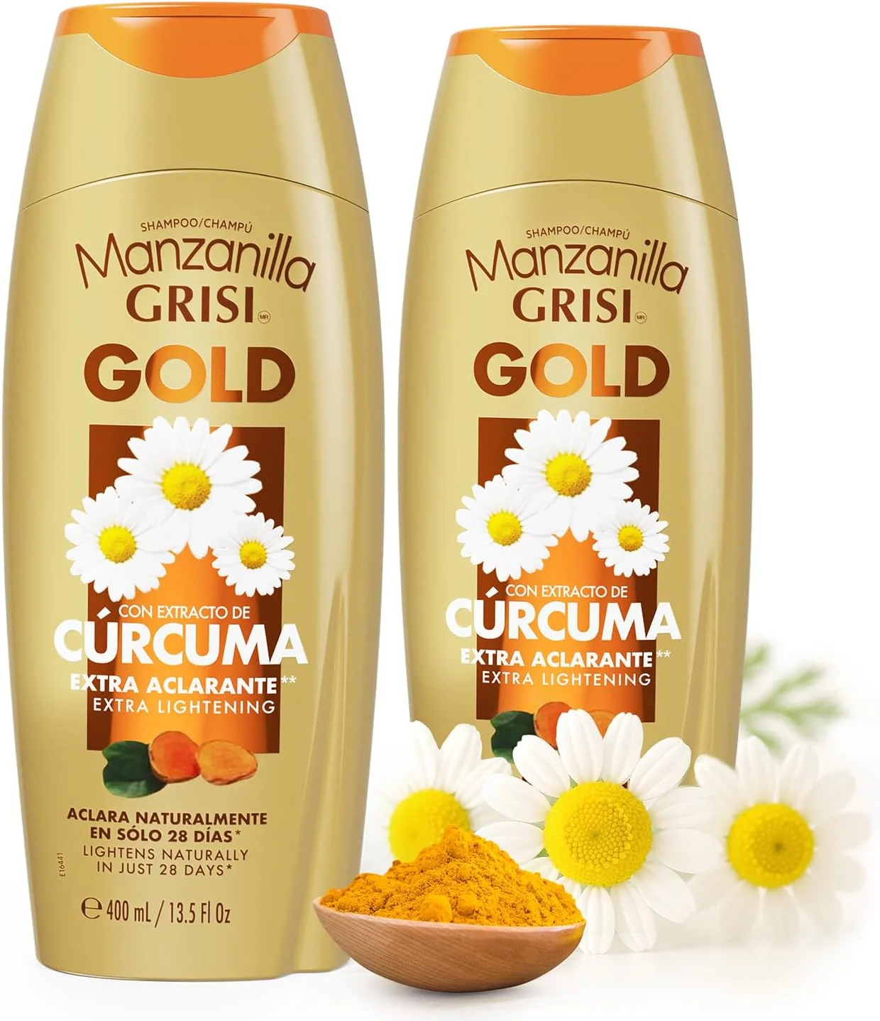 شامپو روشن کننده فوق العاده ملایم Manzanilla Grisi Gold، پاک کننده و روشن کننده فوق العاده با عصاره بابونه و زردچوبه، موها را به طور طبیعی نرم و درخشان می کند، بسته 2 عددی، بطری 399 میلی لیتری، 2 عدد