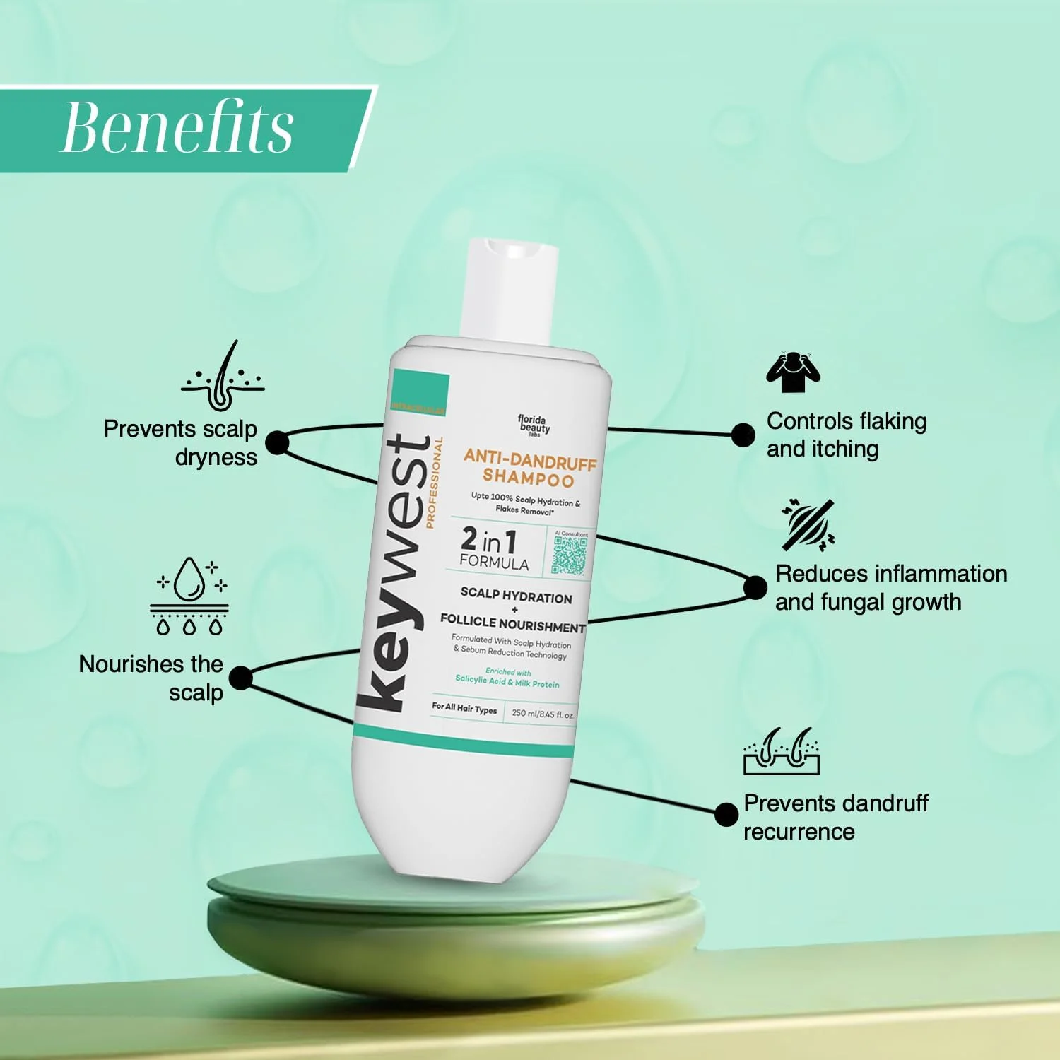 شامپو ضد شوره حرفه ای کی وست 250 میلی لیتر مناسب انواع موی زنانه و مردانه | جلوگیری از بازگشت شوره سر و خشکی پوست سر | کنترل پوسته ریزی و خارش