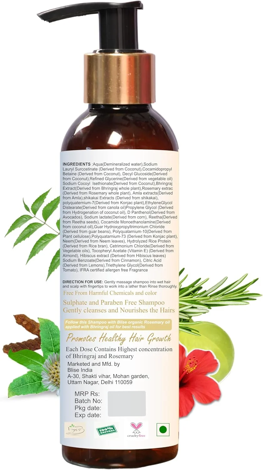 شامپو ارگانیک رزماری و برینگراج بلیس - ضد ریزش مو و ضد شوره، شامپو آیورودا با گیاهان گرانبها و کمیاب، 100% مواد فعال طبیعی، بدون سولفات، بدون سیلیکون، بدون رنگ مصنوعی شامپو ارگانیک رزماری و برینگراج بلیس - ضد ریزش مو و ضد شوره، شامپو آیورودا با گیاهان گرانبها و کمیاب، 100% مواد فعال طبیعی، بدون سولفات، بدون سیلیکون، بدون رنگ مصنوعی