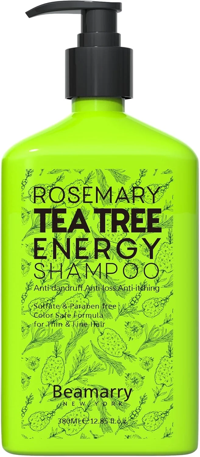 شامپو انرژی رزماری و درخت چای Beamarry New York حجم 380 میلی لیتر - ضد شوره، ضد ریزش، ضد خارش، فاقد سولفات و پارابن، فرمول ایمن برای موهای نازک و ظریف