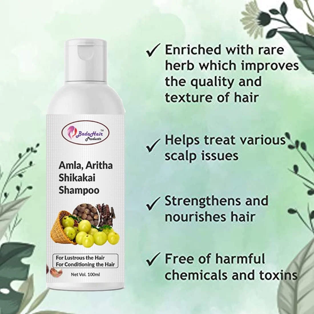 شامپو گیاهی آیورودا آمله، ریتا، شیکاکای و برینگراج Badahair products برای رشد مو، جلوگیری از ریزش مو، تقویت ریشه و فولیکول های مو و ضد شوره - 200 میلی لیتر شامپو گیاهی آیورودا آمله، ریتا، شیکاکای و برینگراج Badahair products برای رشد مو، جلوگیری از ریزش مو، تقویت ریشه و فولیکول های مو و ضد شوره - 200 میلی لیتر