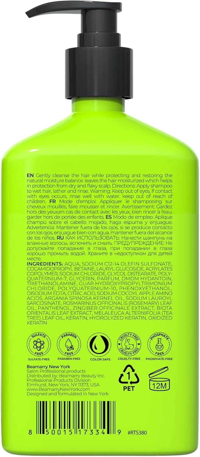 شامپو انرژی رزماری و درخت چای Beamarry New York حجم 380 میلی لیتر - ضد شوره، ضد ریزش، ضد خارش، فاقد سولفات و پارابن، فرمول ایمن برای موهای نازک و ظریف