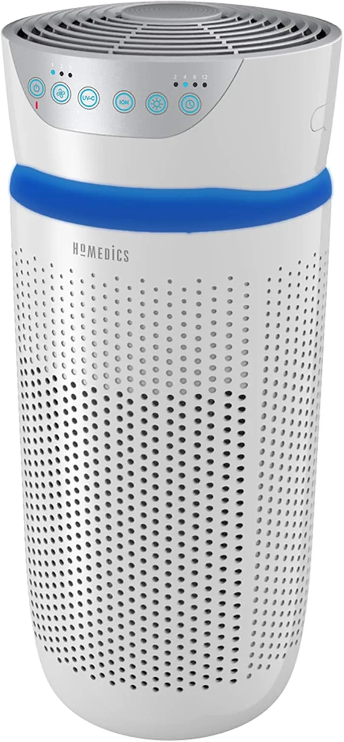 دستگاه تصفیه هوا 5 در 1 Homedics TotalClean با فیلترهای UV-C، HEPA و کربن، از بین برنده آلرژن ها، شوره حیوانات خانگی، دود، بوهای ناشی از پخت و پز، هاگ های کپک و میکروب ها، یونیزه کننده با انتشار یون های منفی - متوسط، سفید
