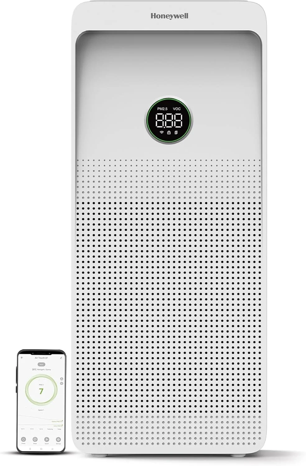 دستگاه تصفیه هوا Honeywell برای منزل، 5 مرحله فیلتراسیون، پوشش 1085 فوت مربع، نمایش سطح PM 2.5، UV LED، WIFI، فیلتر کربن فعال و HEPA H13، حذف 99.99% آلاینده ها، میکرو آلرژن ها، Air Touch - U1