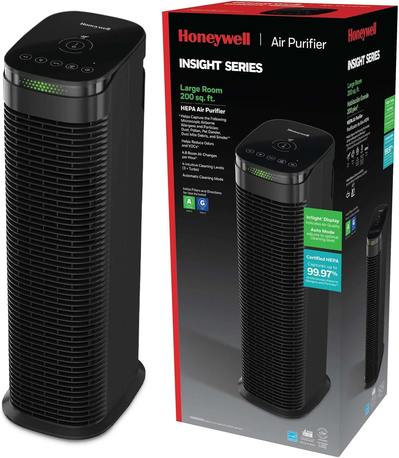 دستگاه تصفیه هوا Honeywell InSight HEPA با نشانگر کیفیت هوا و حالت خودکار، مناسب اتاق های بزرگ، اتاق خواب، خانه (18 متر مربع)، مشکی - کاهش دهنده آلرژن های معلق در هوا، دود، گرد و غبار، گرده، شوره حیوانات خانگی، HPA180B