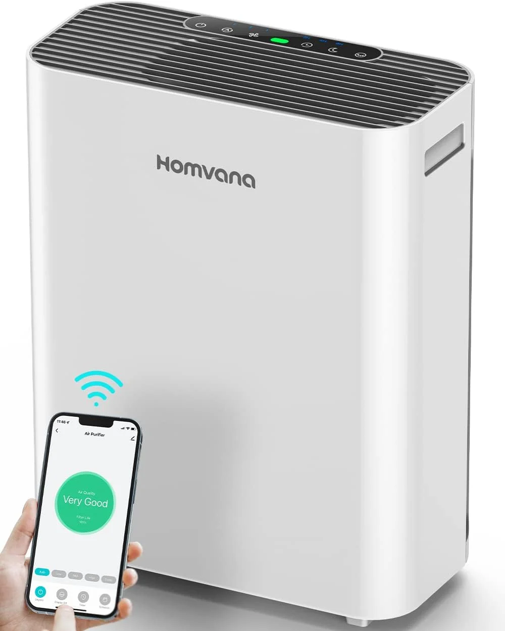 دستگاه تصفیه هوا Homvana برای اتاق های بزرگتر، اتاق خواب، کنترل هوشمند WiFi، فیلتر HEPA H13، نشانگر کیفیت هوا، فناوری SilentAir منحصر به فرد، بدون ازن برای آلرژی حیوانات خانگی، دود، گرد و غبار و گرده