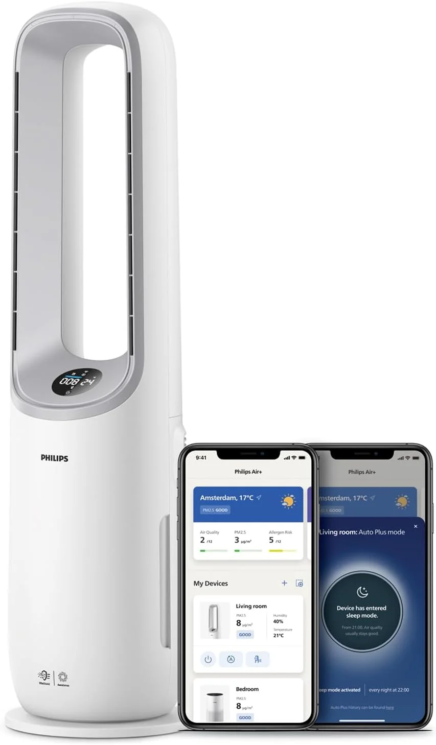 دستگاه تصفیه هوا و فن خنک کننده 2 در 1 Philips Air Performer از Versuni: تصفیه کننده 70 متر مربع، حذف 99.97% از مواد آلرژی زا و آلاینده ها. دارای فیلتر HEPA، سنسورهای هوشمند، سازگار با الکسا و اپلیکیشن. کم صدا و کم مصرف (AMF765/30)