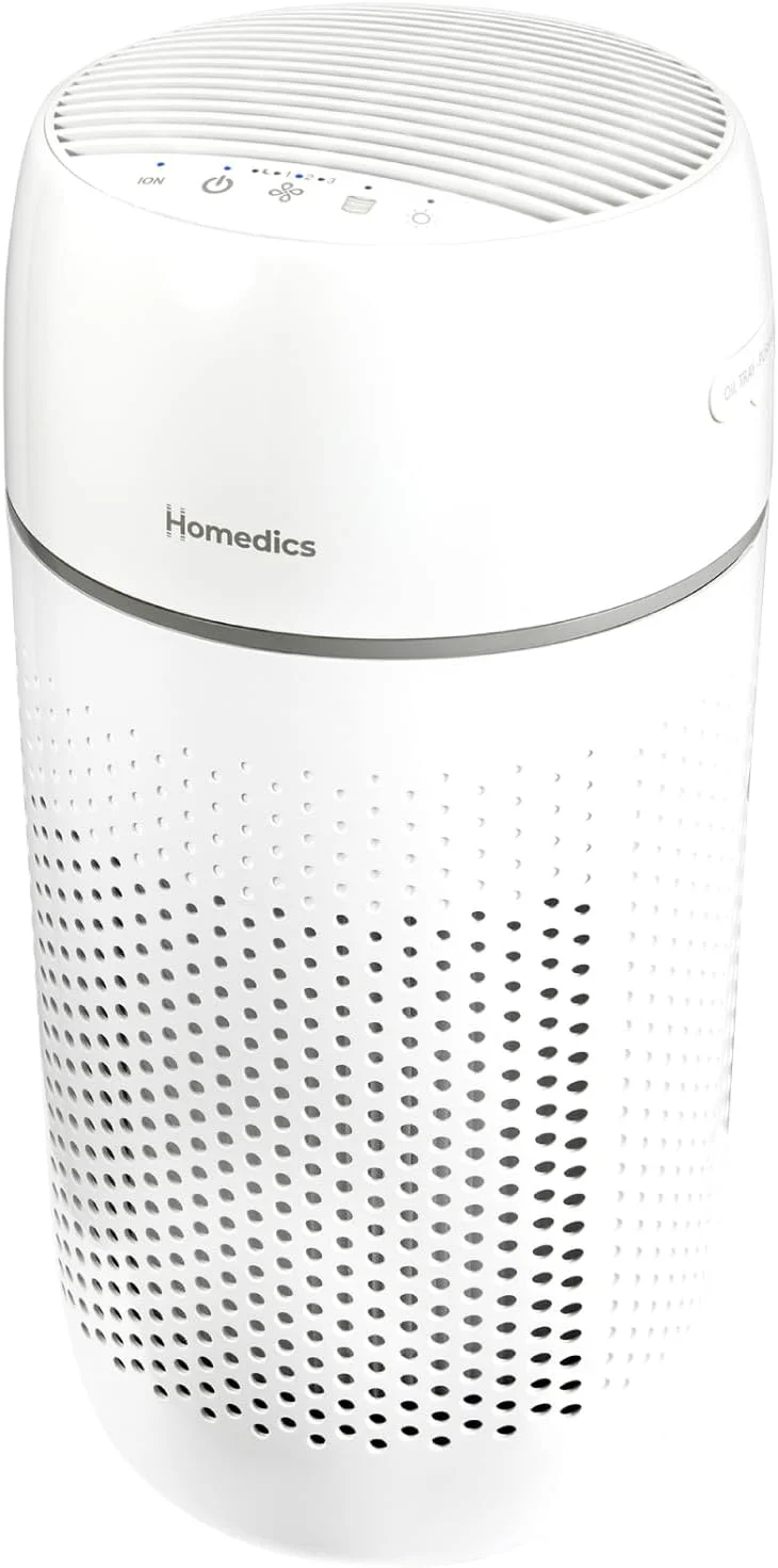 دستگاه تصفیه هوا Homedics، تصفیه کننده هوای 5 در 1 Tower، فیلتراسیون 99% HEPA با فناوری UV-C و فیلتر کربن بو، 4 سرعت، سینی رایحه درمانی روغن های ضروری، برای اتاق های متوسط