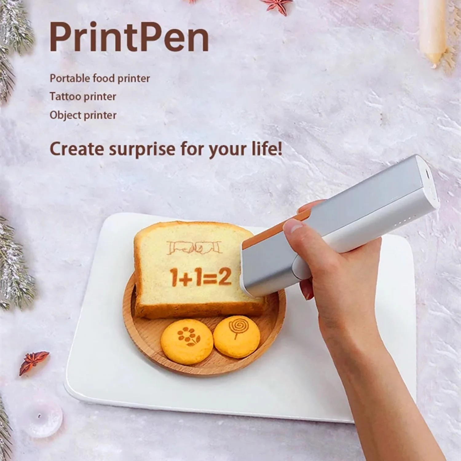 چاپگر غذای قابل حمل، قلم چاپگر مینی و چاپگر جوهر افشان خوراکی، چاپگر جوهر افشان وای فای دستی برای قهوه نان کیک بیسکویت (رنگ: قهوه ای)