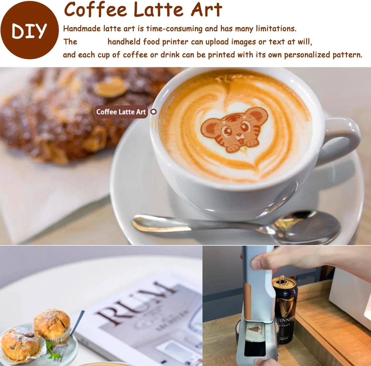 چاپگر غذای قابل حمل، قلم چاپگر مینی و چاپگر جوهر افشان خوراکی، چاپگر جوهر افشان وای فای دستی برای قهوه نان کیک بیسکویت (رنگ: قهوه ای)