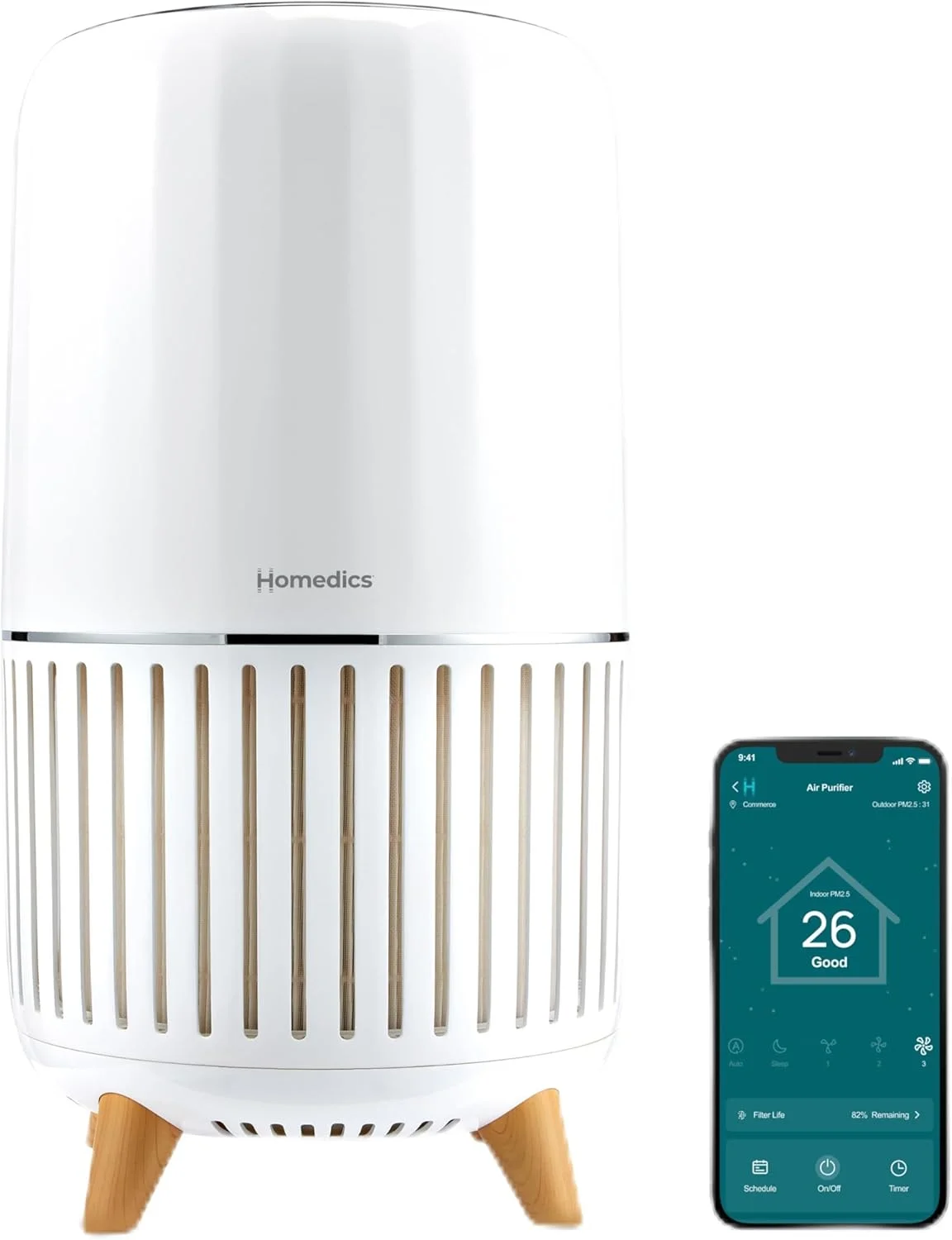 دستگاه تصفیه هوای هوشمند 4 در 1 Homedics مدل Tower مناسب برای اتاق های بزرگ تا 146 متر مربع، فیلتراسیون True HEPA، فناوری UV-C، فیلتر کربن فعال بو، کاهش باکتری ها، ویروس ها، VOCs، کنترل Wi-Fi و صوتی