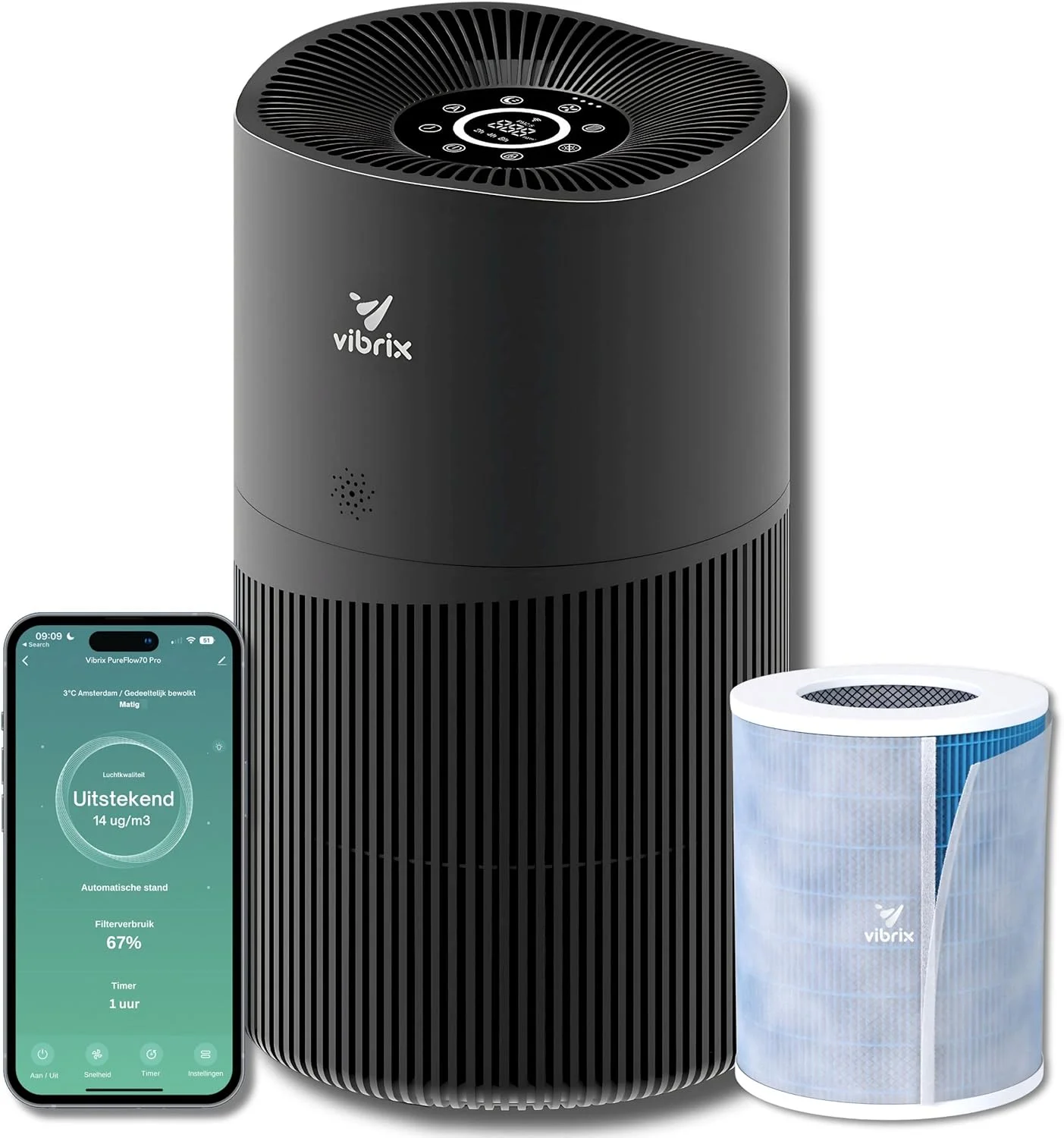 دستگاه تصفیه هوای 6 در 1 Vibrix مناسب اتاق نشیمن - دارای فیلتر HEPA و یونیزر - مناسب برای فضاهای بزرگ تا 150 متر مربع - حذف 99.999% گرد و غبار، مواد آلرژی زا و گرده - تصفیه کننده هوا - CADR 468m³/h - مدل PureFlow70 Pro
