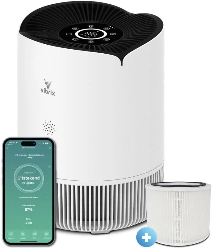 دستگاه تصفیه هوا 5 در 1 ویبریکس مدل PureFlow30 مناسب اتاق خواب - دارای فیلتر HEPA و یونیزر - حذف 99.95% گرد و غبار، گرده و مواد آلرژی زا - نرخ CADR 180m³/h - مناسب برای اتاق تا 30 متر مربع