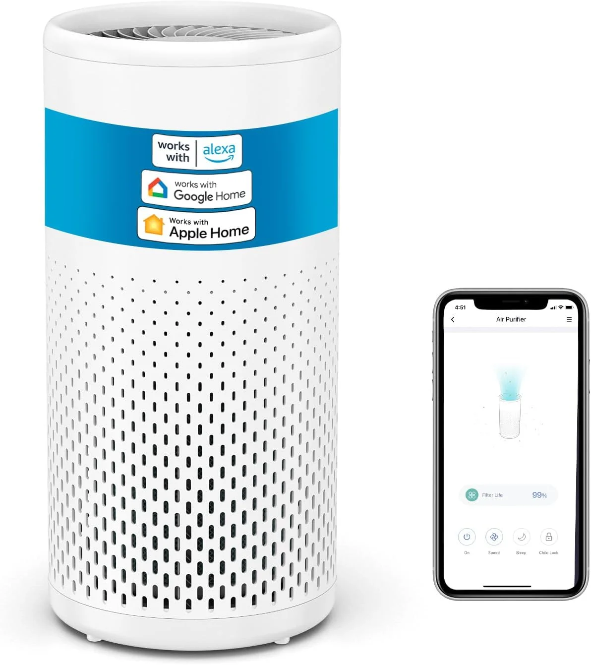 دستگاه تصفیه هوای خانگی Meross WLAN مناسب افراد مبتلا به آلرژی با فیلتر H13 HEPA برای مقابله با 99.97% از کپک، گرد و غبار، گرده، موی حیوانات خانگی، دستگاه تصفیه هوای هوشمند اتاق کار با Apple HomeKit، نرخ تحویل هوای پاک (CADR) 160 متر مکعب در ساعت، حالت خواب 24 دسی بل