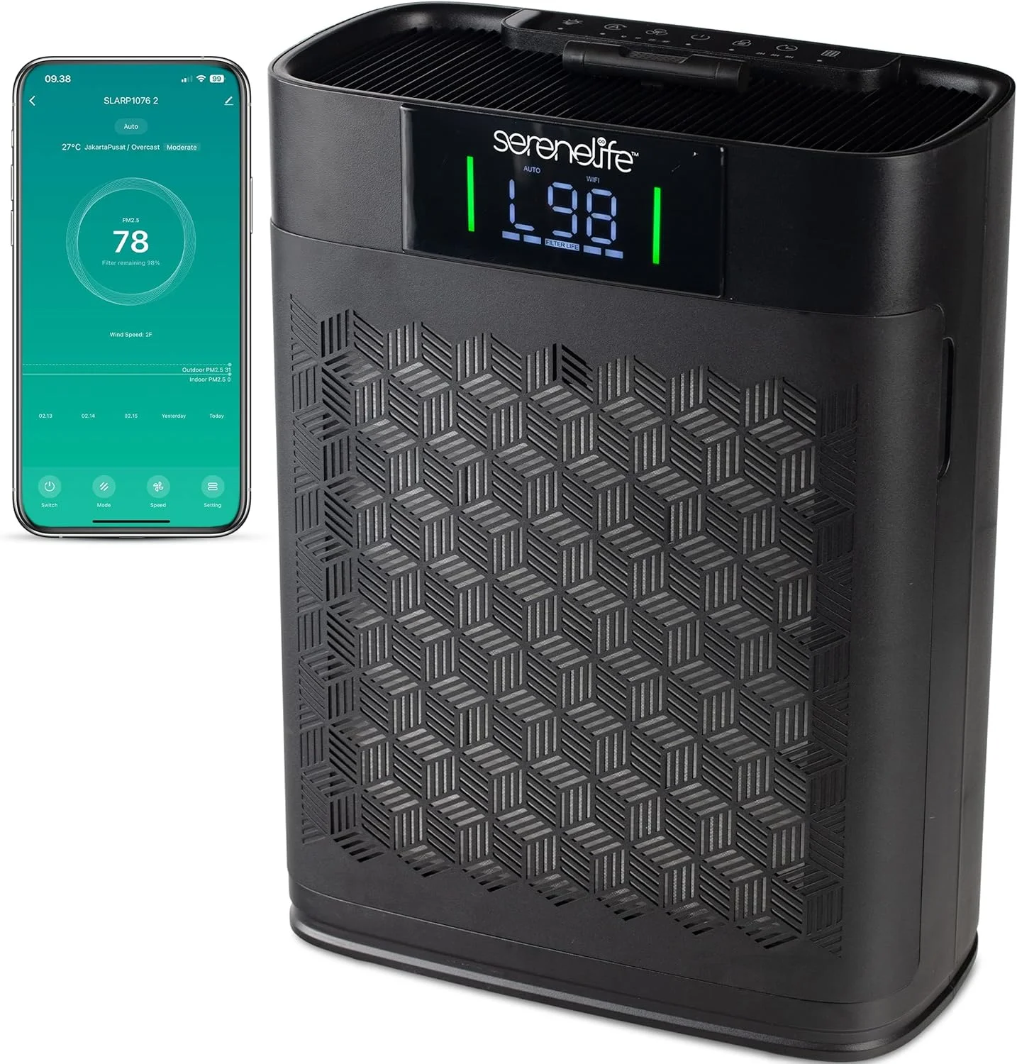 دستگاه تصفیه هوا خانگی HEPA SereneLife – کنترل هوشمند WiFi و برنامه، دستگاه تصفیه هوای فوق العاده بی صدا برای اتاق خواب و اتاق های بزرگ، از بین برنده گرد و غبار، موی حیوانات خانگی و بو، ایده آل برای حیوانات خانگی و آلرژی (100 متر مربع، مشکی)