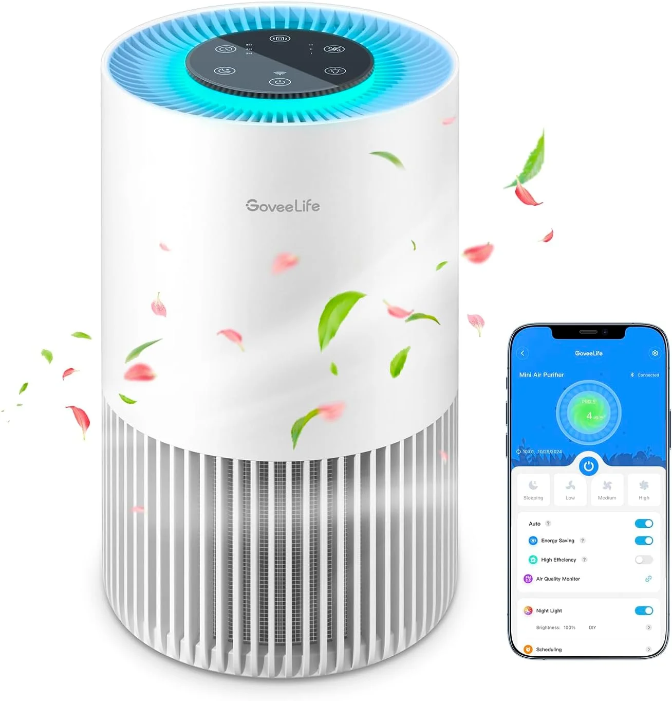 دستگاه تصفیه هوای هوشمند GoveeLife برای اتاق خواب، فیلتر قابل حمل HEPA با کنترل WiFi الکسا برای حیوانات خانگی، گرده، مو و بو، دستگاه تصفیه هوای بی صدا 24dB با 3