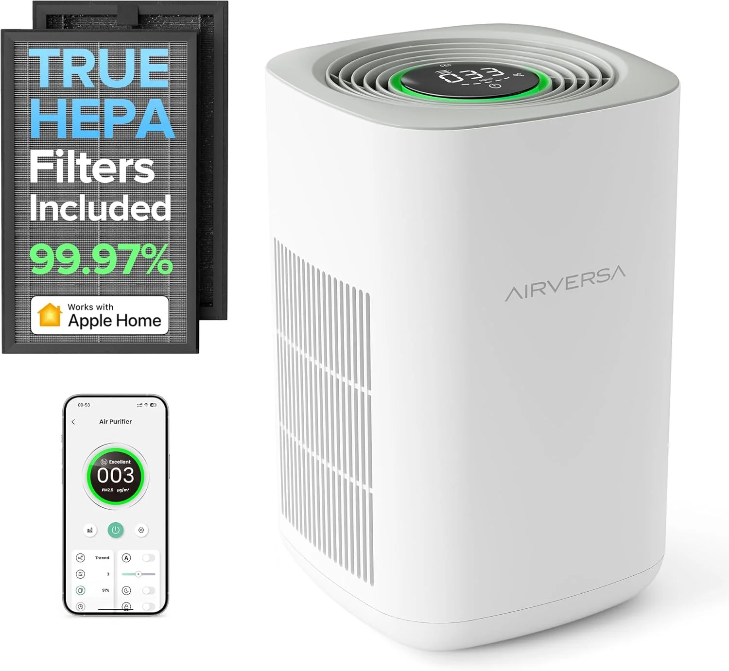 دستگاه تصفیه هوای Airversa True HEPA برای اتاق های بزرگ تا 98 متر مربع، فیلتر هوا تا 99.97% ذرات PM2.5، دارای سنسور، نمایشگر، HomeKit Over Thread (نیاز به هاب HomeKit)، تصفیه کننده هوای هوشمند (Purelle AP2)