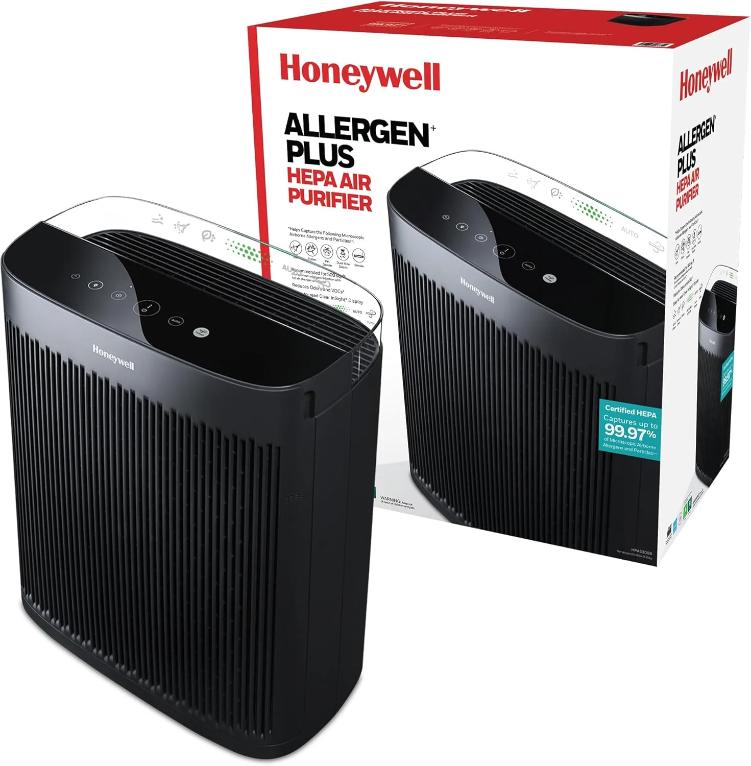 دستگاه تصفیه هوا Honeywell HPA5300 InSight HEPA با نشانگر کیفیت هوا و حالت خودکار، کاهش دهنده آلرژن برای اتاق های بسیار بزرگ (500 فوت مربع)، مشکی - تصفیه کننده هوا برای آتش سوزی/دود، گرده، شوره حیوانات خانگی و گرد و غبار