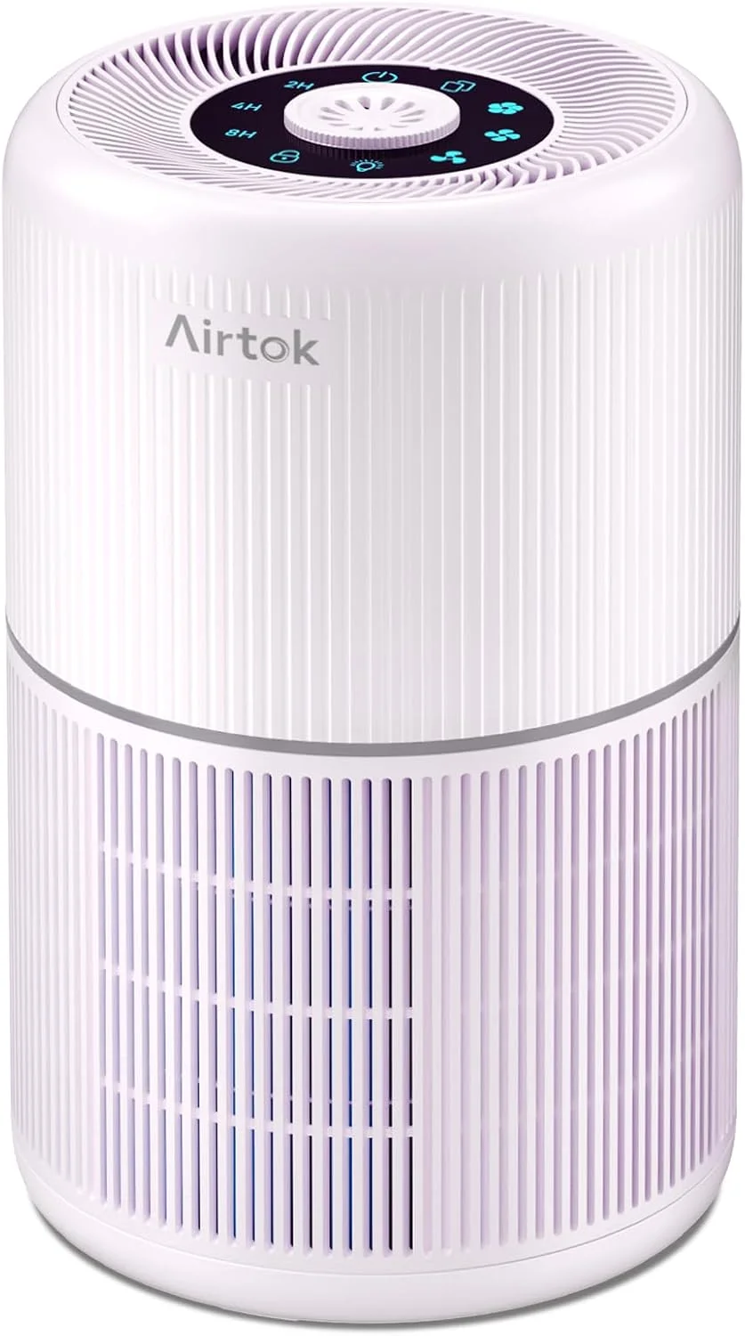 دستگاه تصفیه هوا هپا AIRTOK مناسب اتاق خواب و منزل به همراه اسفنج معطر | فیلتر هوای 4 در 1 H13 True HEPA برای دود، گرد و غبار، گرده، شوره حیوانات خانگی، بوها، حذف 99.97% ذرات تا 0.1 میکرون | بدون ازن، چراغ خواب بنفش
