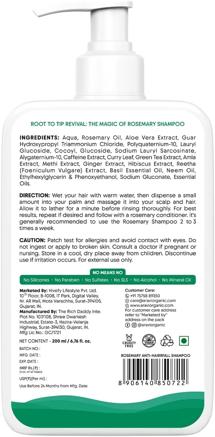 شامپو ضد ریزش مو رزماری ارگانیک آراوی | شامپو رزماری برای رشد مو و کنترل ریزش مو | تا 94% موهای قوی تر | بدون سولفات برای آقایان و بانوان | برای انواع مو | 200 میلی لیتر شامپو ضد ریزش مو رزماری ارگانیک آراوی | شامپو رزماری برای رشد مو و کنترل ریزش مو | تا 94% موهای قوی تر | بدون سولفات برای آقایان و بانوان | برای انواع مو | 200 میلی لیتر