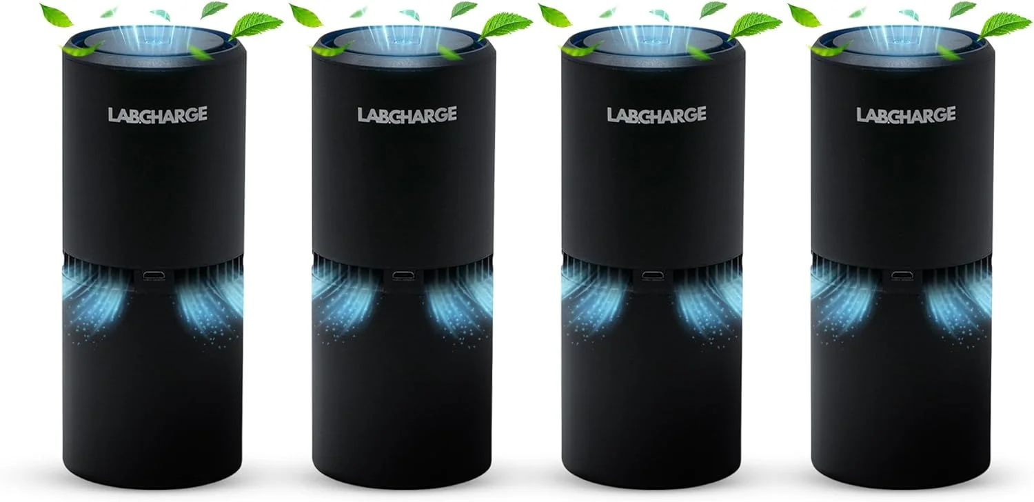 دستگاه تصفیه هوای یونی کوچک Lab Charge برای خانه و اتاق خواب - فیلتر HEPA بی صدا - پوشش 23 متر مربع - پاک کننده رایگان برای حیوانات خانگی، مو، دود، گرد و غبار، بو و شوره - طراحی جمع و جور و مشکی - بسته 4 عددی