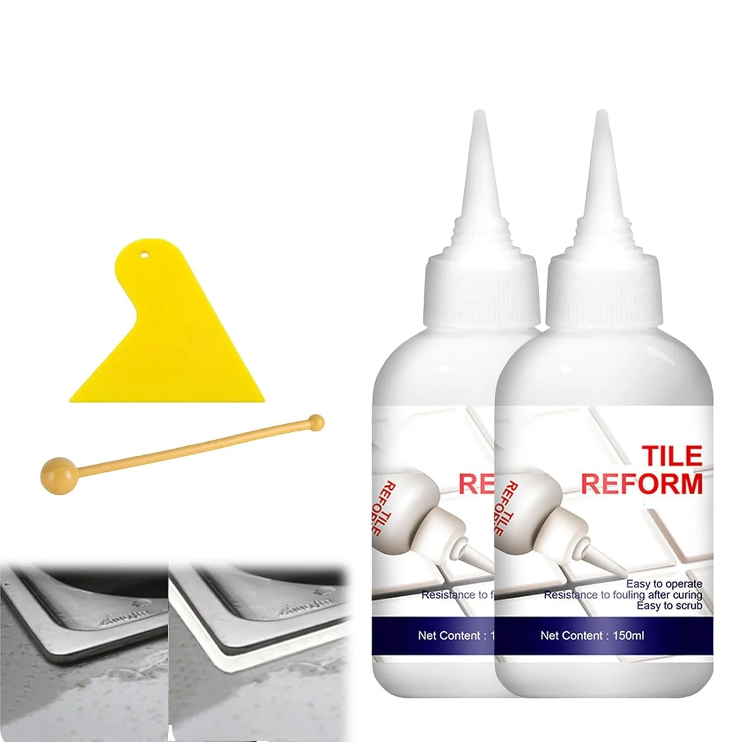 رنگ دوغاب کاشی TERRIFI، پرکننده ترمیم کننده درز کاشی، عامل پرکننده ضد آب درز کاشی برای منزل به همراه توپ درزگیر و کاردک، کیت پرکننده ترمیم کاشی سرامیکی برای کاشی دوش، آشپزخانه، کف حمام (سفید، 2 عدد)