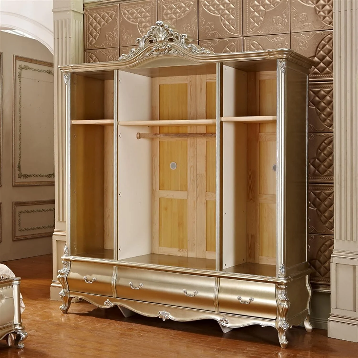 کمد لباس چهار درب Nyyldr، کمد لباس چوبی جامد شامپاین، مبلمان فرانسوی ویلایی