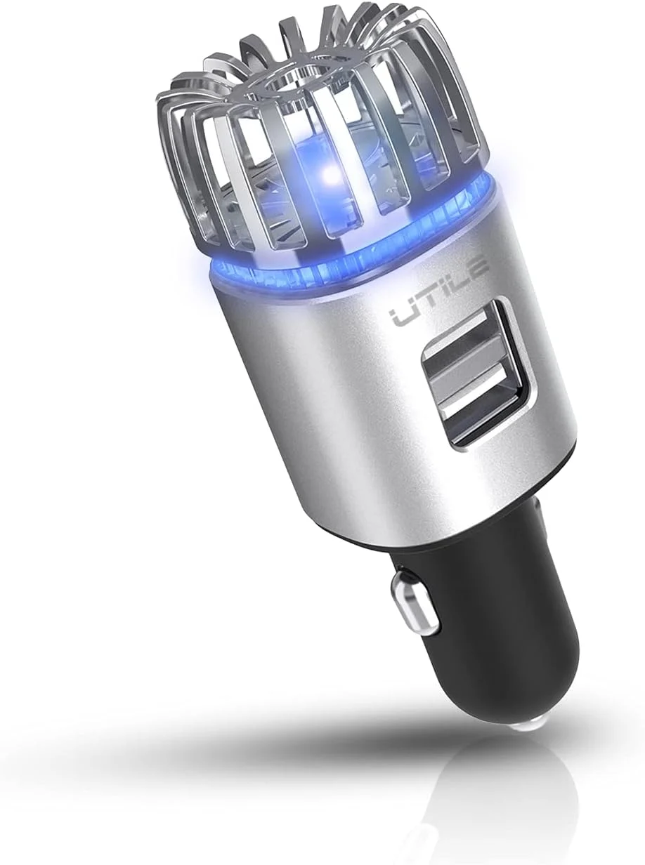دستگاه تصفیه کننده هوا و یونیزر خودرو UTILE با شارژر دوگانه USB - خوشبو کننده یونی هوا برای از بین بردن بو | شارژ USB 2.1 آمپر / 0.8 وات برای تلفن، تبلت و سایر دستگاه ها